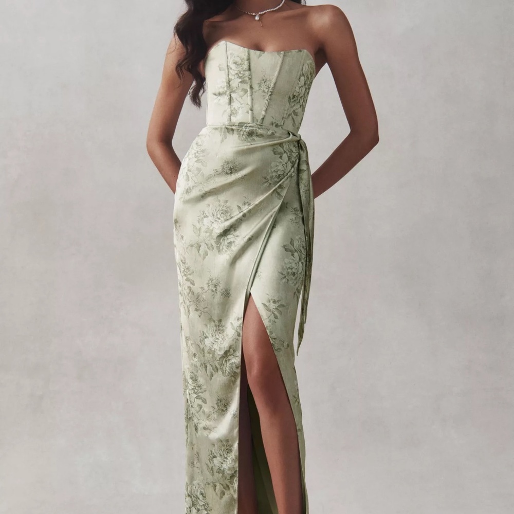 V. Chapman June Printed Corset Front Slit Satin Gowm